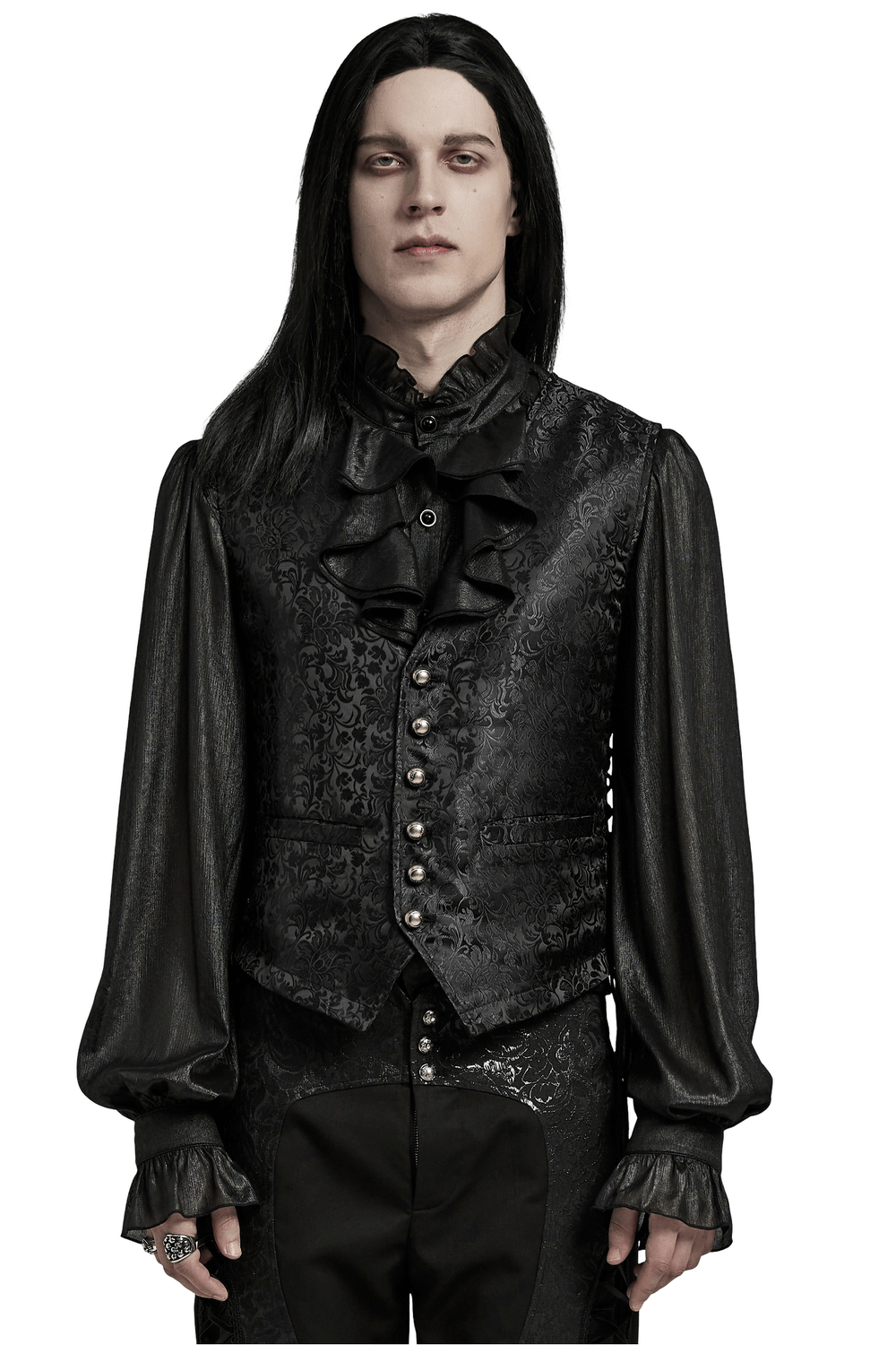 Gothic floral jacquard waistcoat with eyelet lacing, showcasing Victorian elegance and a slim fit for men.
