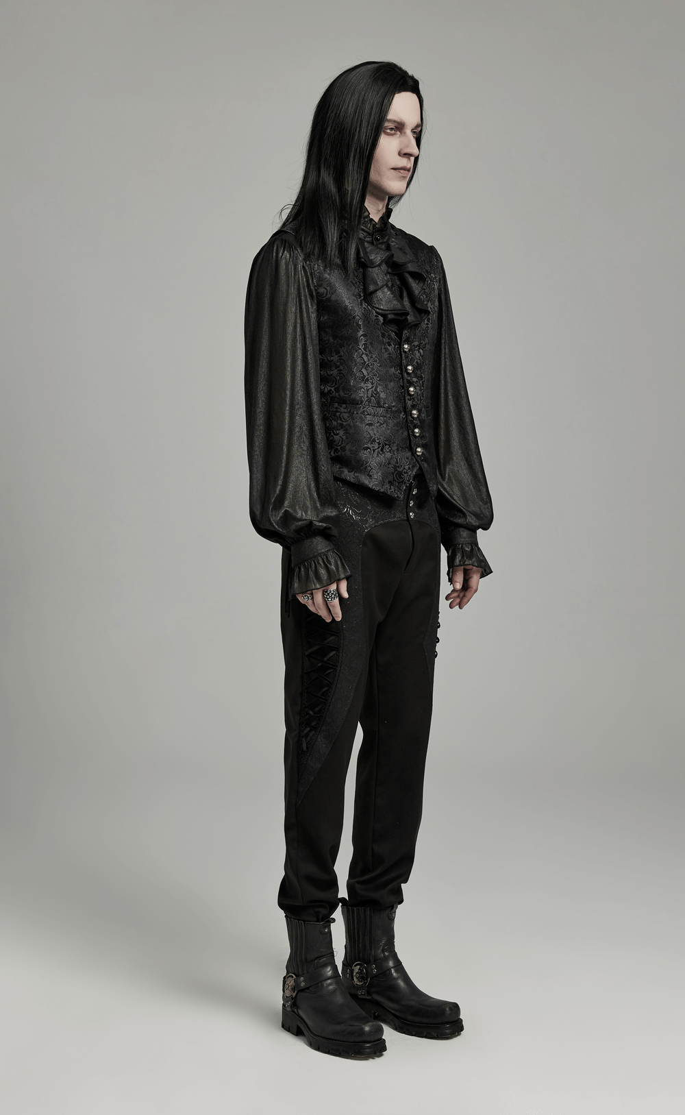 Victorian-inspired gothic waistcoat on a model, featuring lace detailing and elegant jacquard fabric.