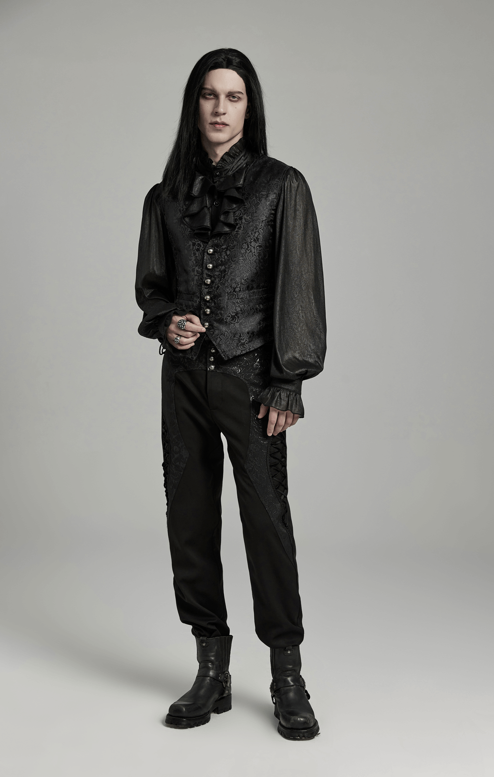 Gothic floral jacquard waistcoat with lacing, styled elegantly for a Victorian-inspired look.