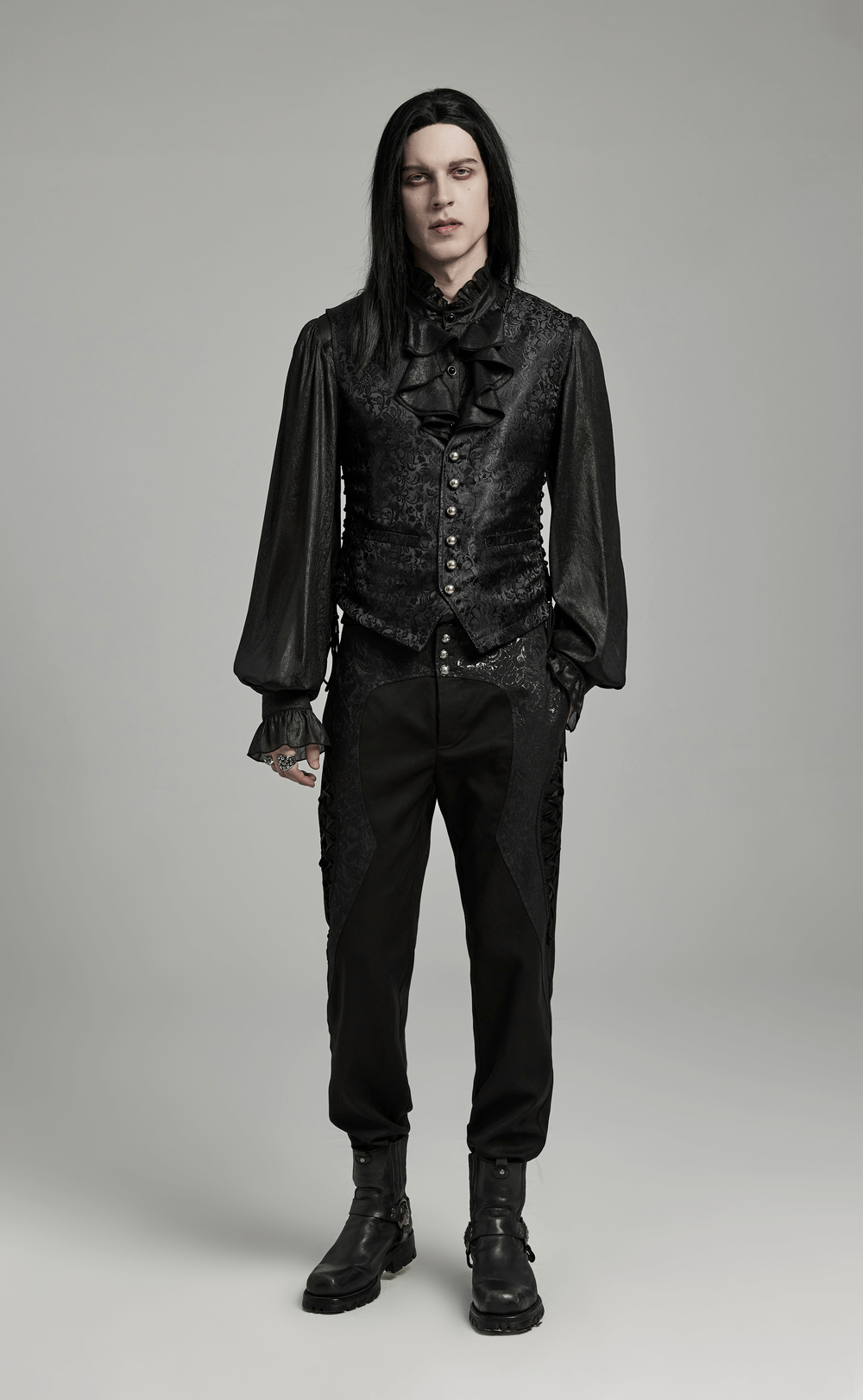 Gothic floral jacquard waistcoat for men, featuring intricate patterns and lacing details, perfect for Victorian-inspired fashion.