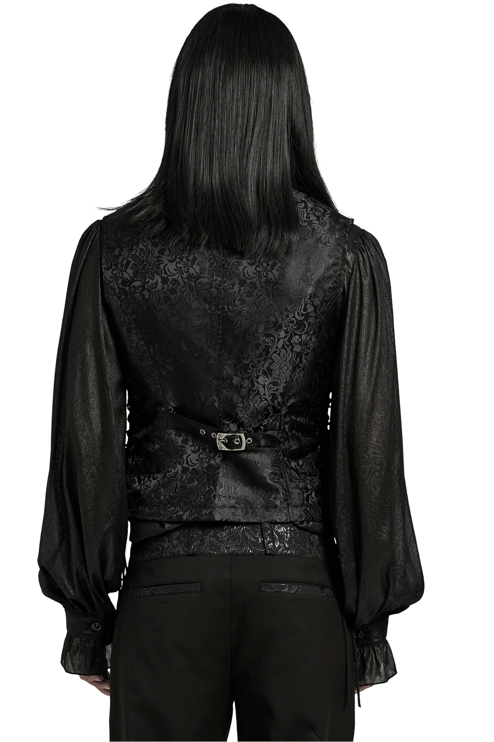 Back view of a gothic floral jacquard waistcoat with side lacing, showcasing Victorian elegance and intricate detailing.