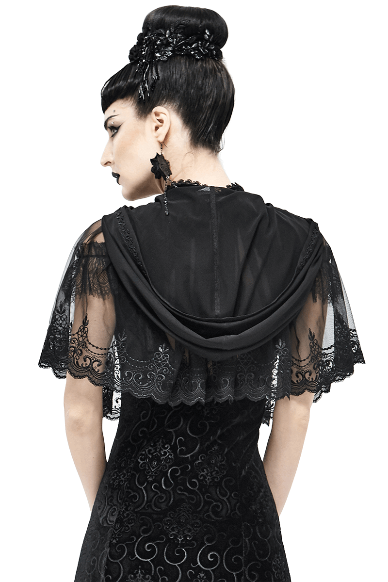 Gothic Floral Lace Cape with Hooded / Women's Black Short Cape with Velvet Ribbon - HARD'N'HEAVY