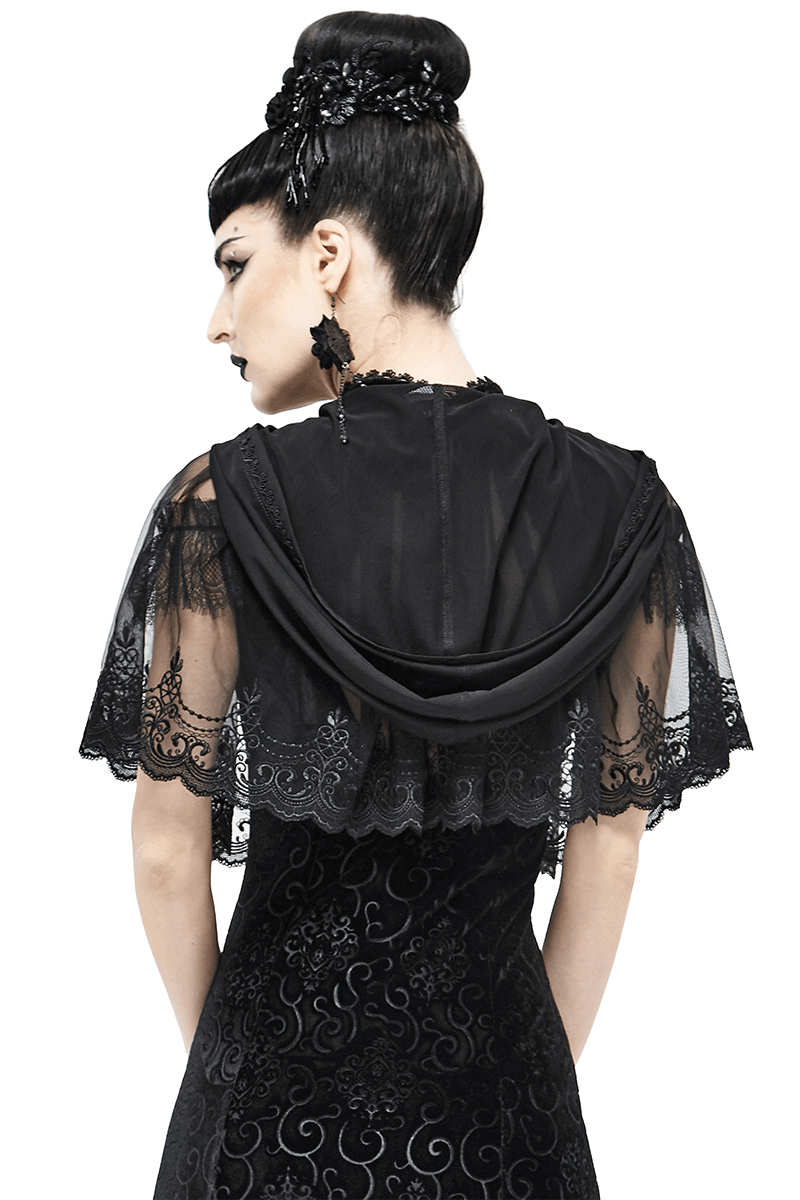 Back view of a gothic women's black lace cape with hood, featuring elegant floral details and a vintage design.