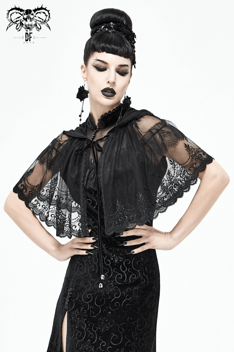 Elegant gothic floral lace cape with hood, perfect for a vintage-inspired look, featuring a velvet ribbon tie.