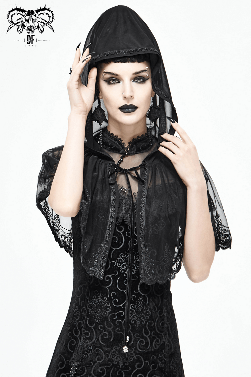 Elegant women's black gothic floral lace cape with hood, featuring vintage design and velvet ribbon details.