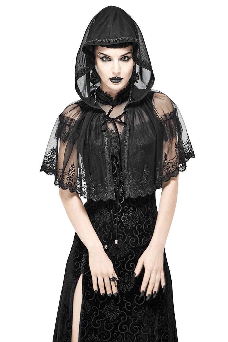 Elegant women's black gothic lace cape with hood, featuring intricate floral details and vintage charm.