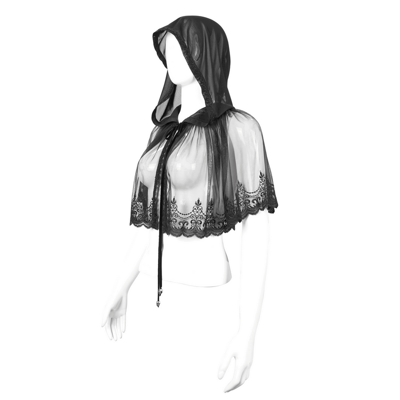 Elegant black lace cape with hood and velvet ribbon, perfect for gothic vintage style.