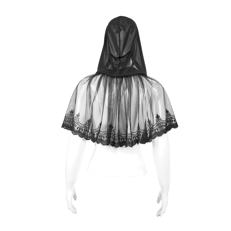 Gothic floral lace cape with hood, showcasing elegant black lace detail from the back, perfect for vintage style lovers.