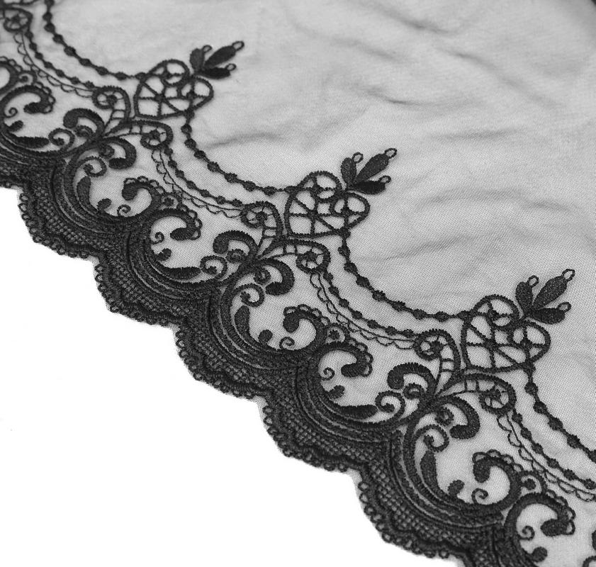 Detailed view of intricate black lace pattern showcasing gothic elegance for women's cape.