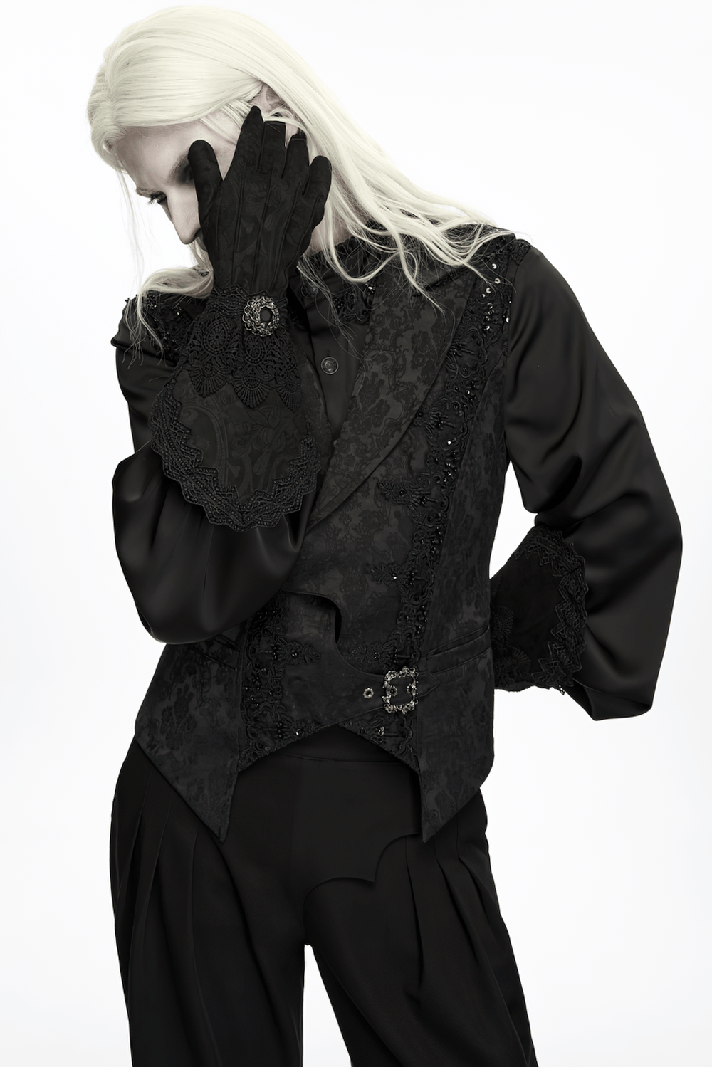 Gothic Floral Lace Gloves with Ornate Buckle Pair