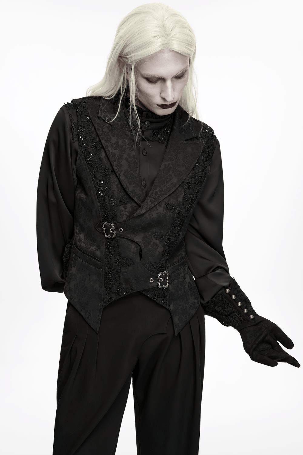 Gothic Floral Lace Gloves with Ornate Buckle Pair