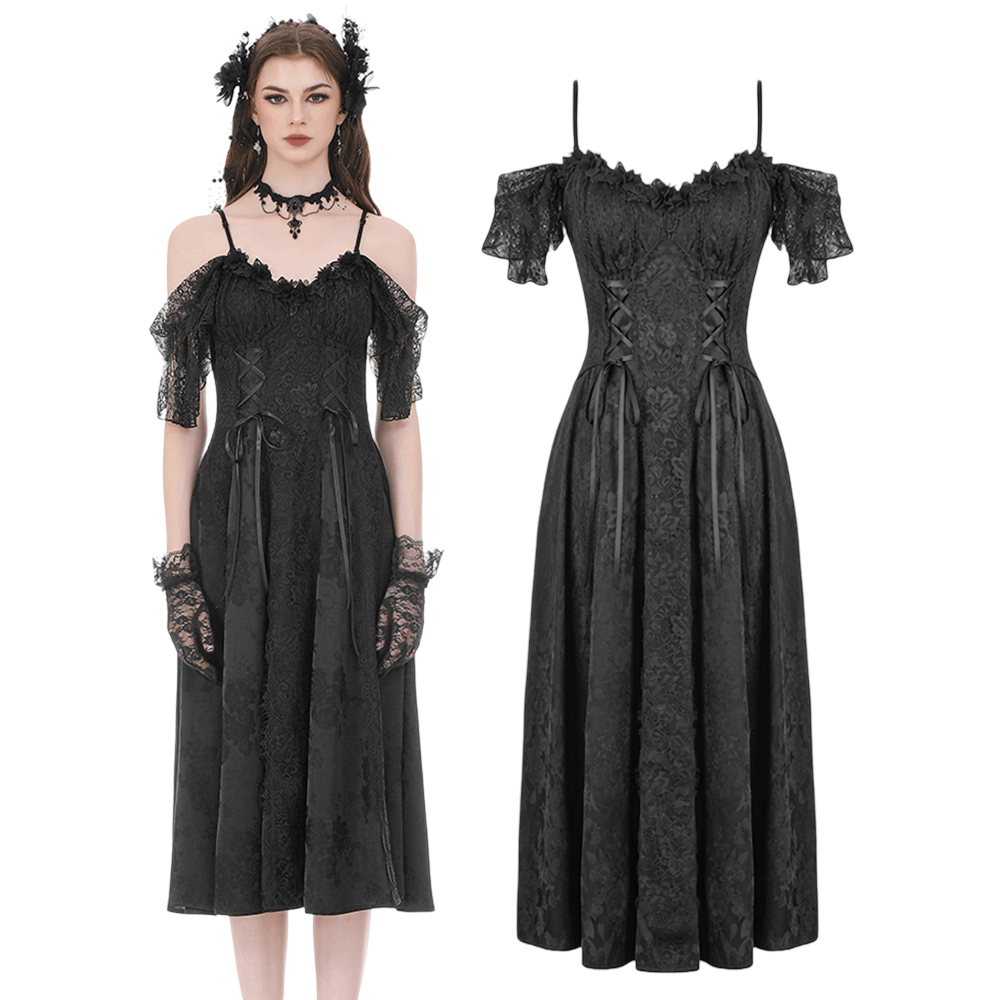 Gothic Floral Maxi Dress with Lace Sleeves and Corset Trim featuring off-shoulder lace sleeves and flowing skirt.