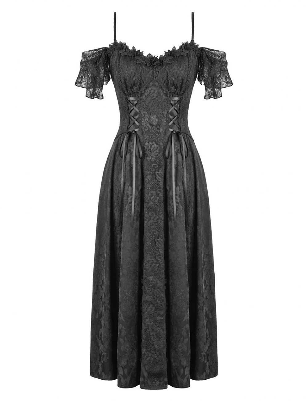 Gothic Floral Maxi Dress with Lace Sleeves and Corset Trim showcasing an off-shoulder design and flowing skirt.