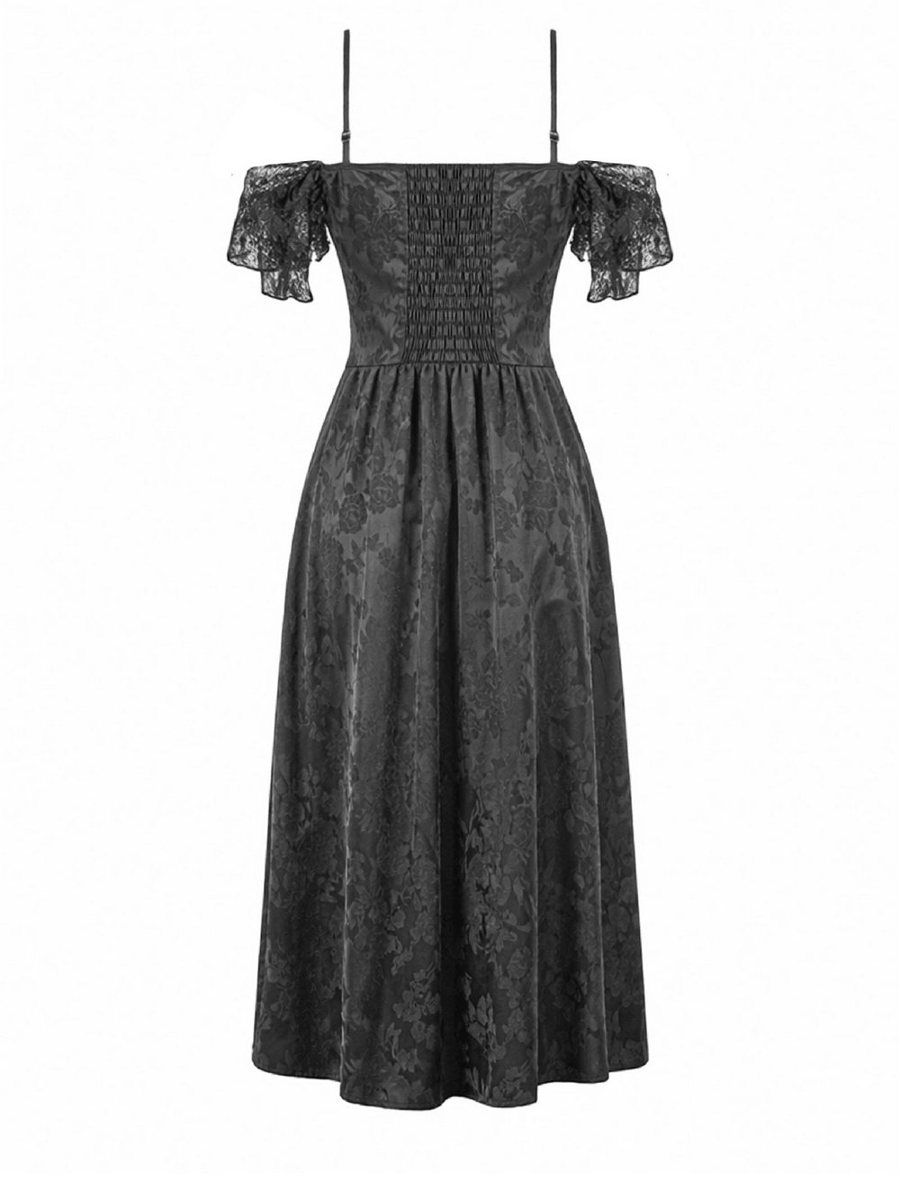 Gothic Floral Maxi Dress with Lace Sleeves and Corset Trim featuring an off-shoulder neckline and floral jacquard fabric.