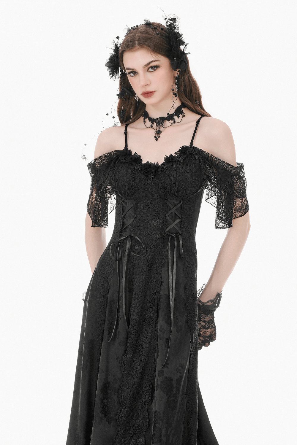 Gothic Floral Maxi Dress with Lace Sleeves and Corset Trim features elegant lace details and a flowing silhouette.
