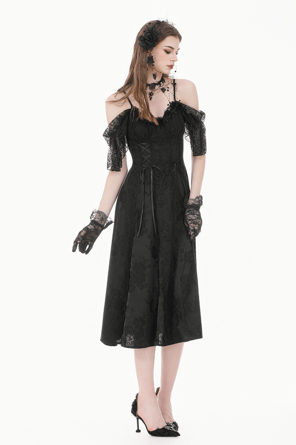 Gothic Floral Maxi Dress with Lace Sleeves and Corset Trim showcased on model, featuring off shoulder neckline and lace details.