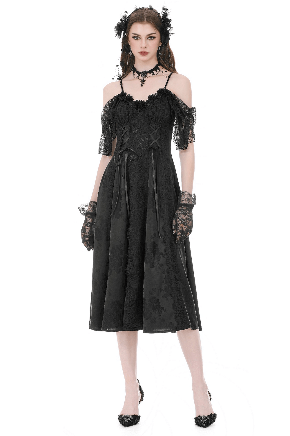 Gothic Floral Maxi Dress with Lace Sleeves and Corset Trim showcased with sheer lace sleeves and floral jacquard fabric.