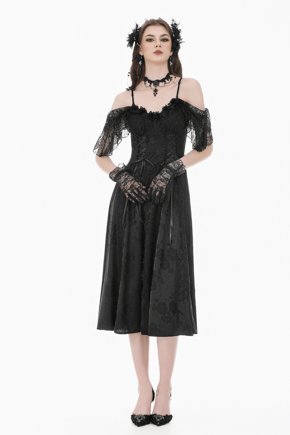 Gothic Floral Maxi Dress with Lace Sleeves and Corset Trim on a model, showcasing off-shoulder style and jacquard design.