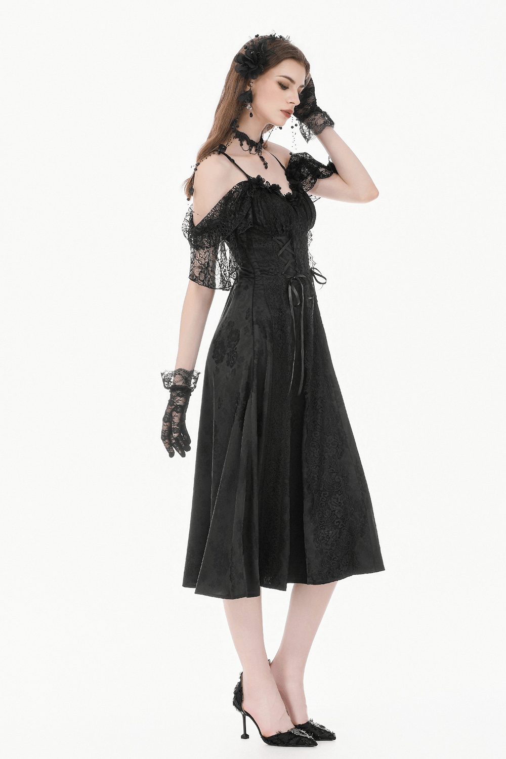 Gothic Floral Maxi Dress with Lace Sleeves and Corset Trim worn by model, showcasing an elegant off-shoulder design.