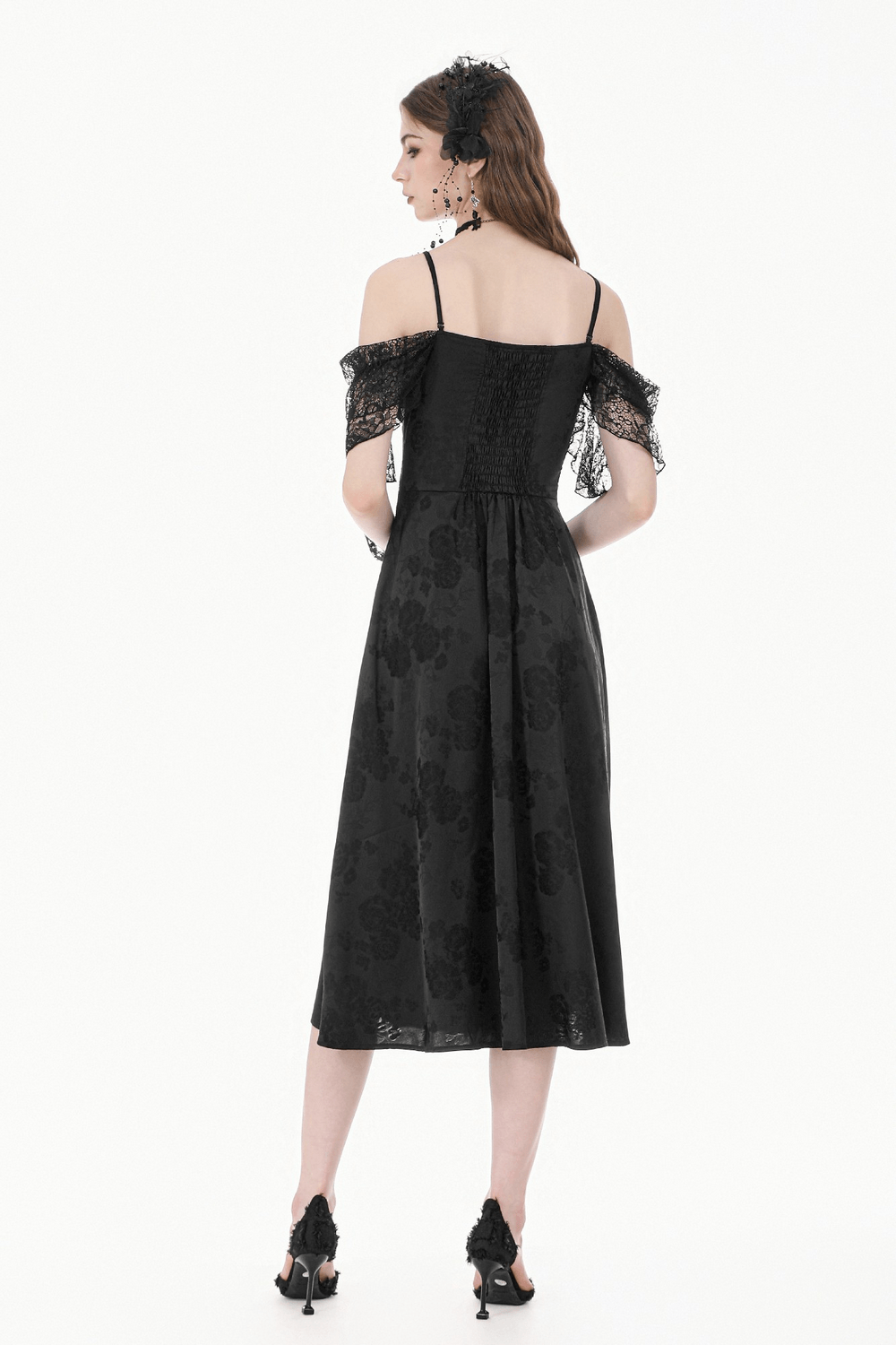 Gothic Floral Maxi Dress with Lace Sleeves and Corset Trim back view showcasing sheer lace sleeves and flowing jacquard skirt.