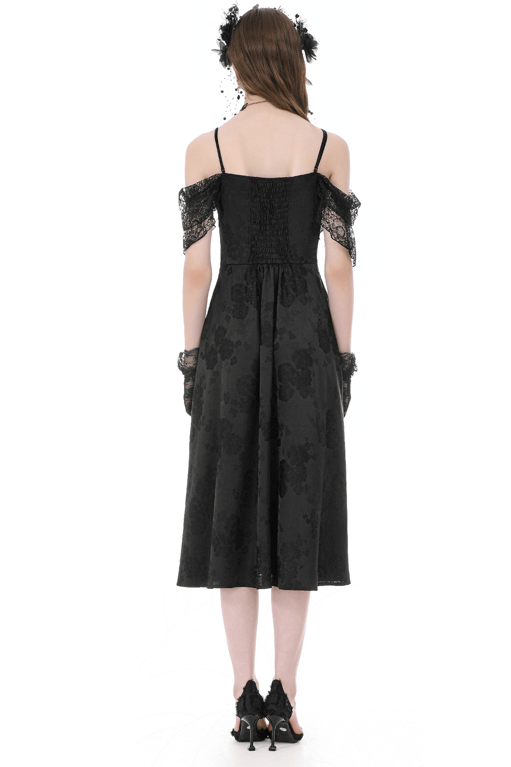 Back view of Gothic Floral Maxi Dress with Lace Sleeves and Corset Trim showcasing its elegant silhouette.