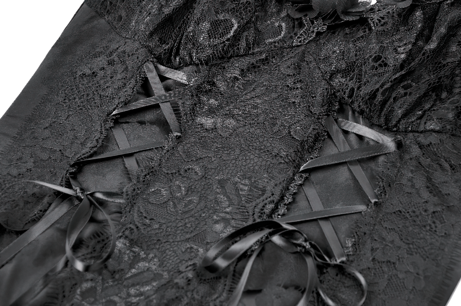 Gothic Floral Maxi Dress with Lace Sleeves and Corset Trim detailed view showing intricate lace and corset lacing.
