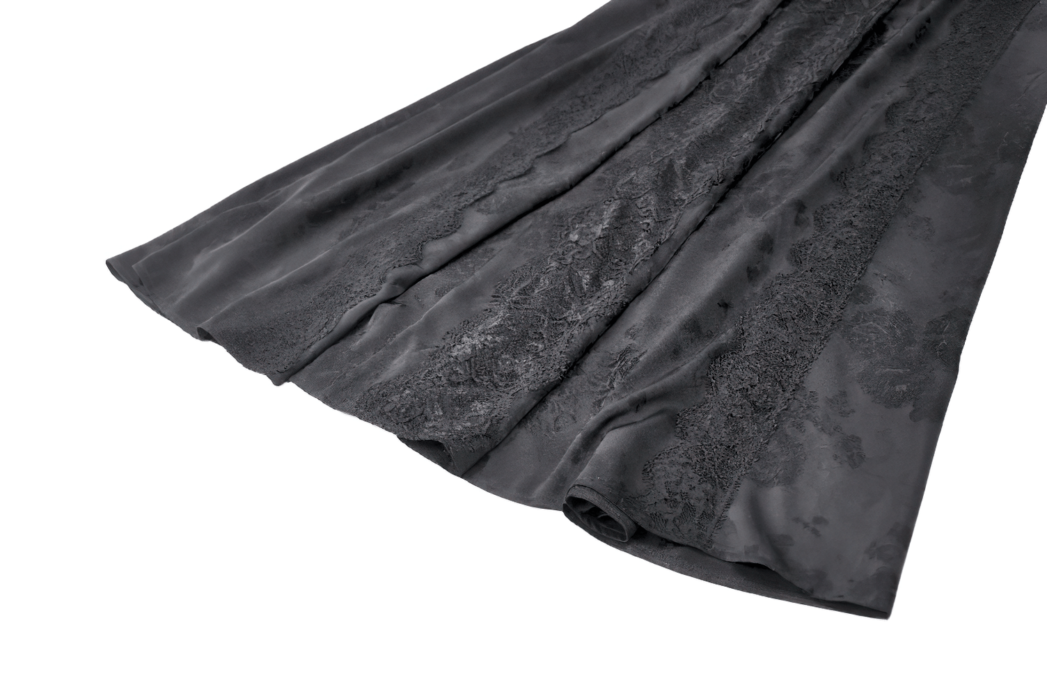 Gothic Floral Maxi Dress with Lace Sleeves and Corset Trim black jacquard fabric with floral texture and lace detailing.