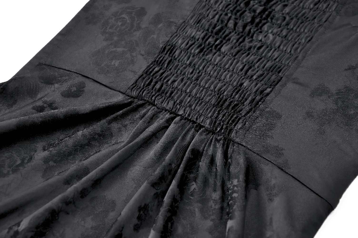 Gothic Floral Maxi Dress with Lace Sleeves and Corset Trim detail showing jacquard fabric and gathered waist.