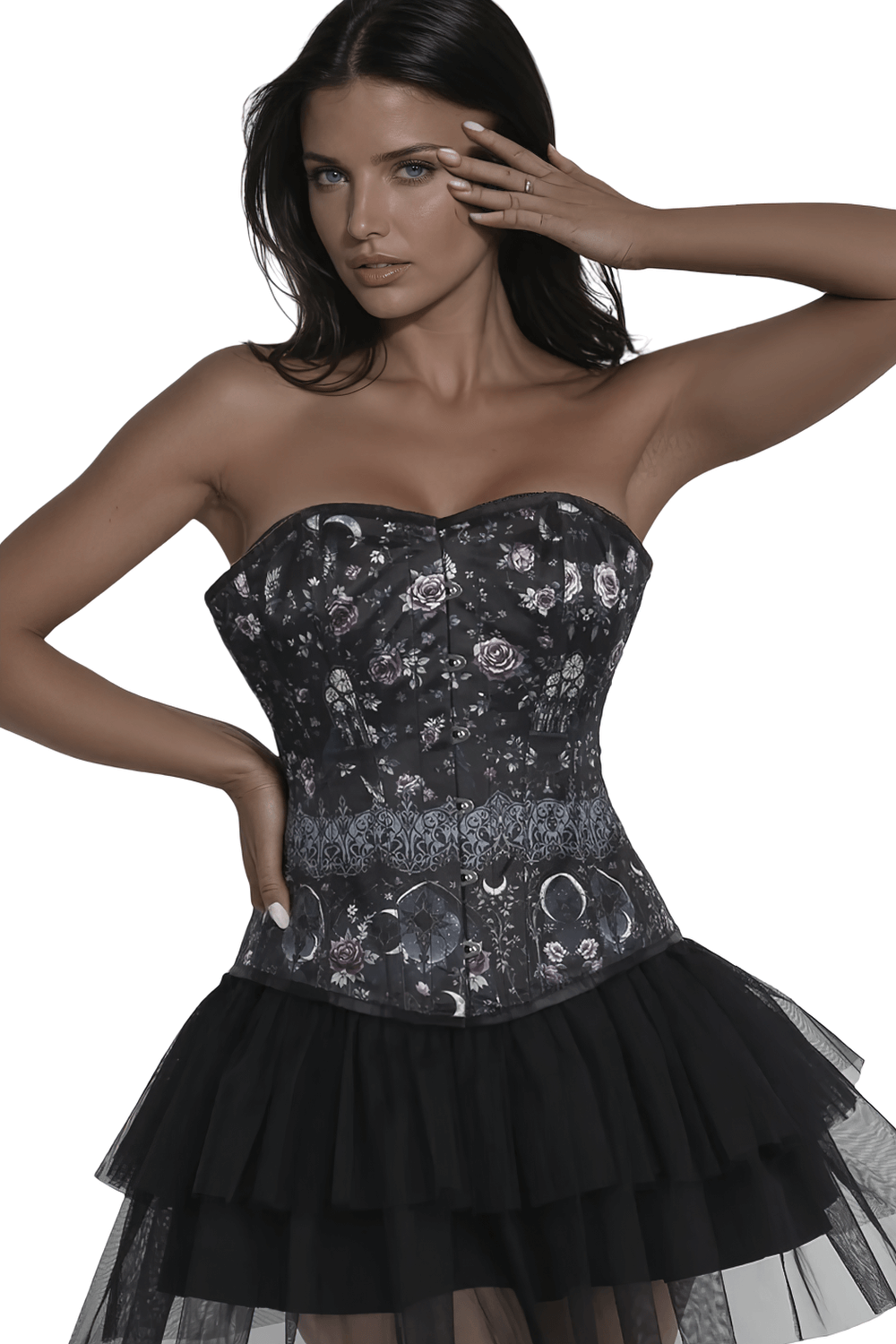 Gothic floral overbust corset with steel boning, featuring intricate design and flattering silhouette.