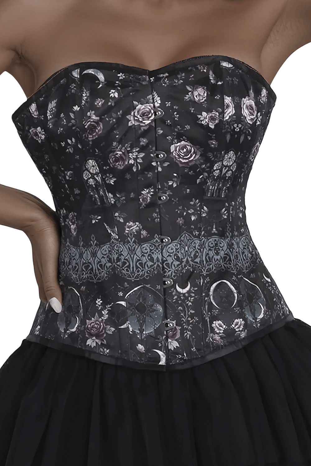 Gothic floral overbust corset with steel boning, featuring intricate rose and moon patterns.