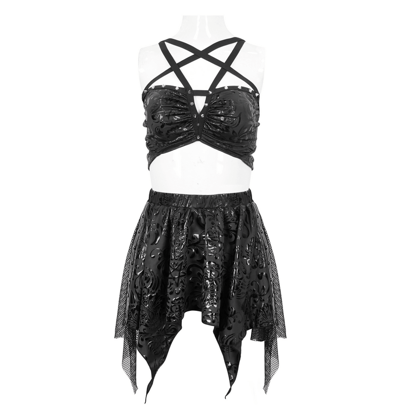 Gothic floral print irregular splice swimsuit with studded star-shaped straps and edgy design.