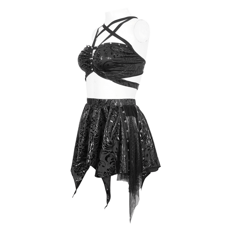 Gothic floral print swimsuit with star-shaped straps and studded details, showcasing daring dark style.