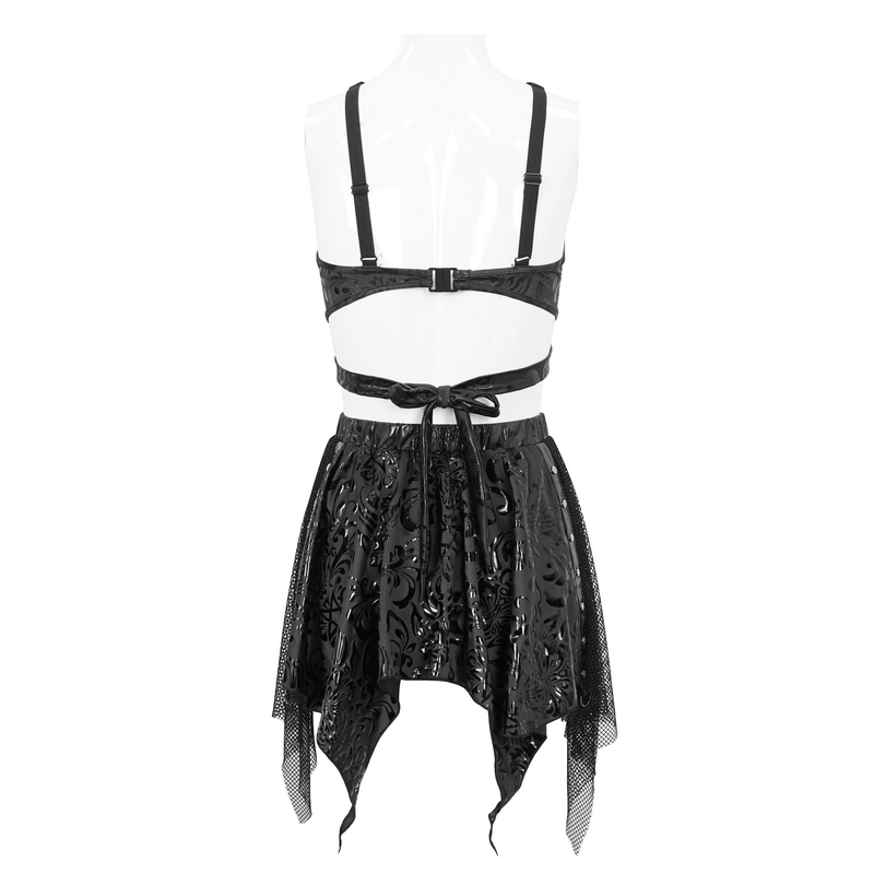 Back view of a gothic floral print swimsuit with star-shaped straps and a studded irregular splice design.