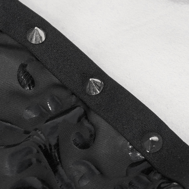 Close-up of studded detailing on a gothic floral print swimsuit, showcasing a daring dark design.