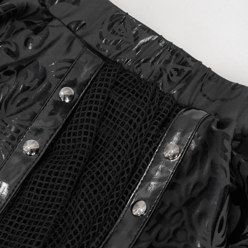 Close-up of gothic floral print swimwear with studded accents and mesh detailing, showcasing its edgy design.