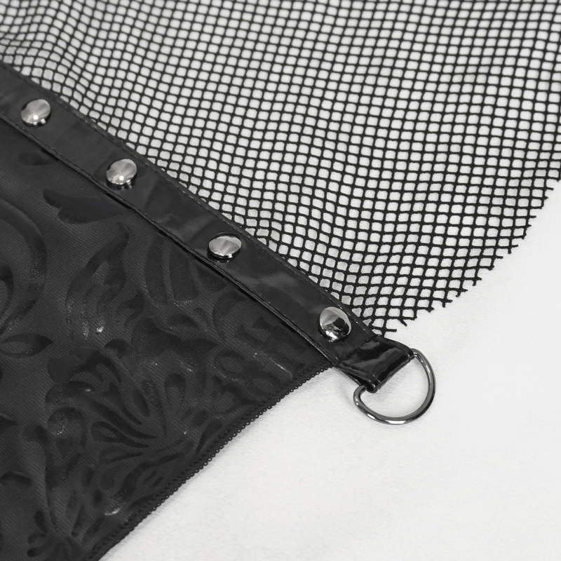 Close-up of gothic floral swimsuit fabric featuring black mesh, studs, and an irregular splice design.