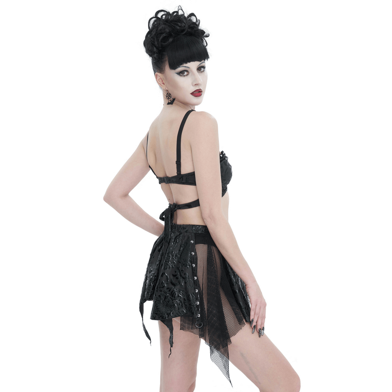 Gothic floral print swimsuit with studded details and star-shaped straps, showcasing daring and edgy swimwear style.