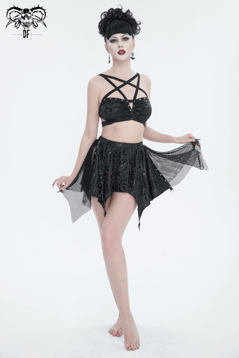 Gothic floral print swimsuit with studded star-shaped straps, featuring a daring irregular splice design.