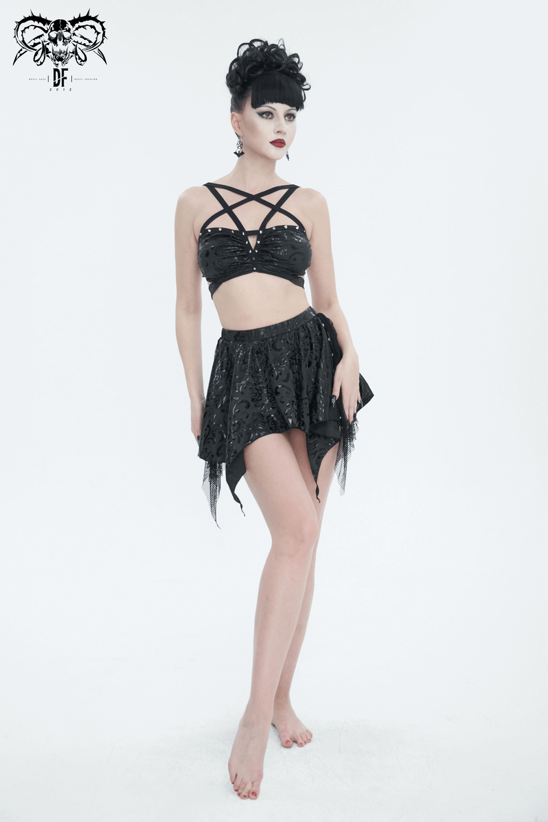 Gothic floral print swimsuit with star-shaped straps and studded details, perfect for bold and daring swim style.