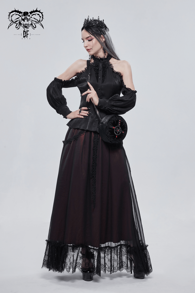 Elegant gothic woman in a black dress with lace details and a round bag, showcasing a stylish and dark aesthetic.
