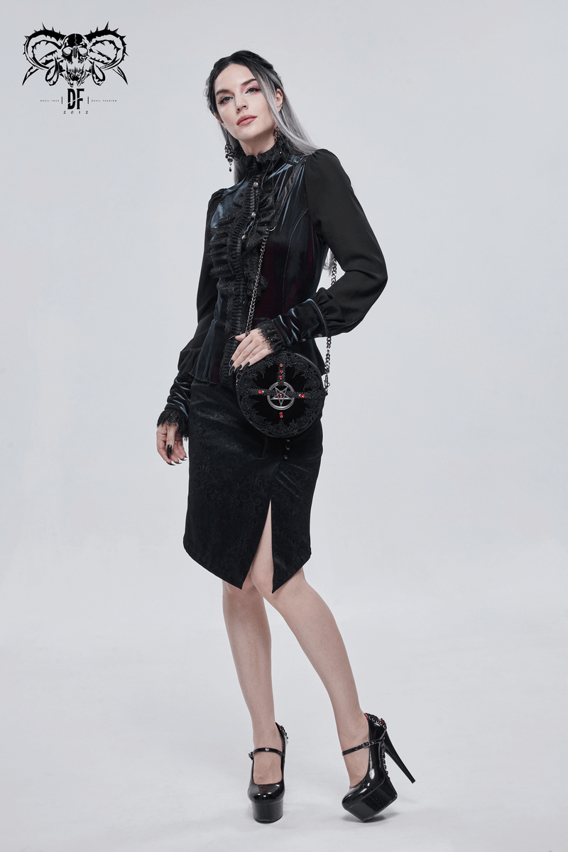 Gothic floral round bag with red gems, worn by model in elegant black outfit, showcasing a trendy gothic style.