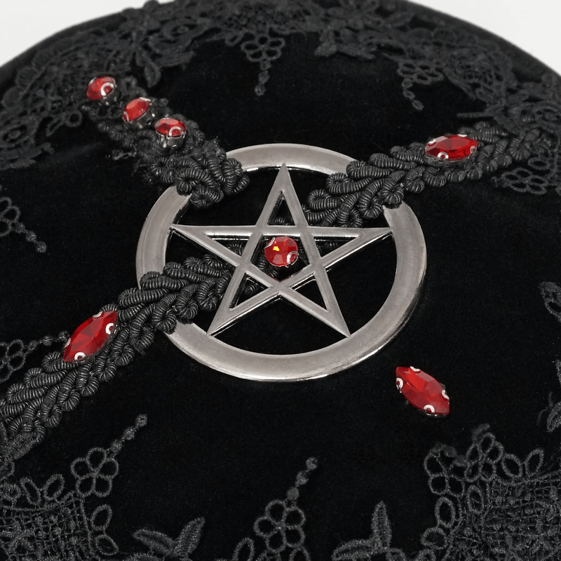 Gothic floral round bag with pentagram and red gems, a luxurious black accessory for women.