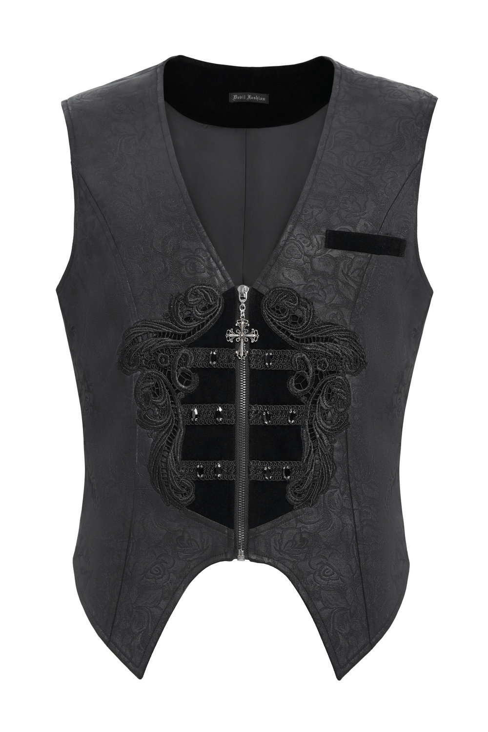 Gothic floral waistcoat featuring velvet straps and intricate cross design for dark elegance.