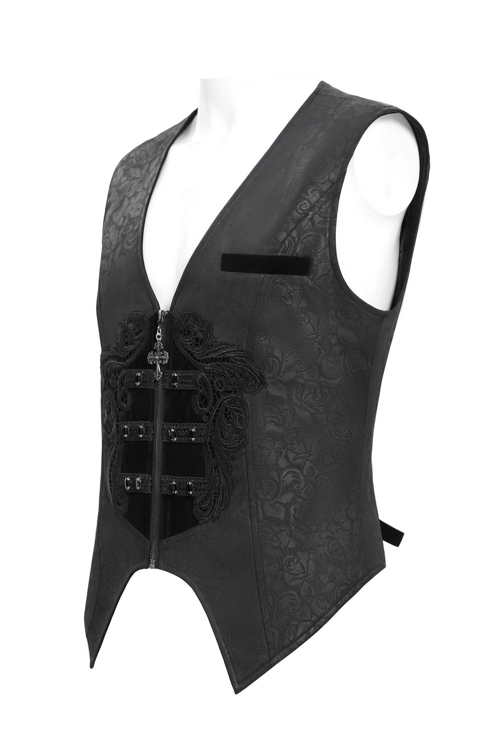Gothic floral waistcoat with velvet straps and intricate cross detail, showcasing dark elegance and Victorian style.