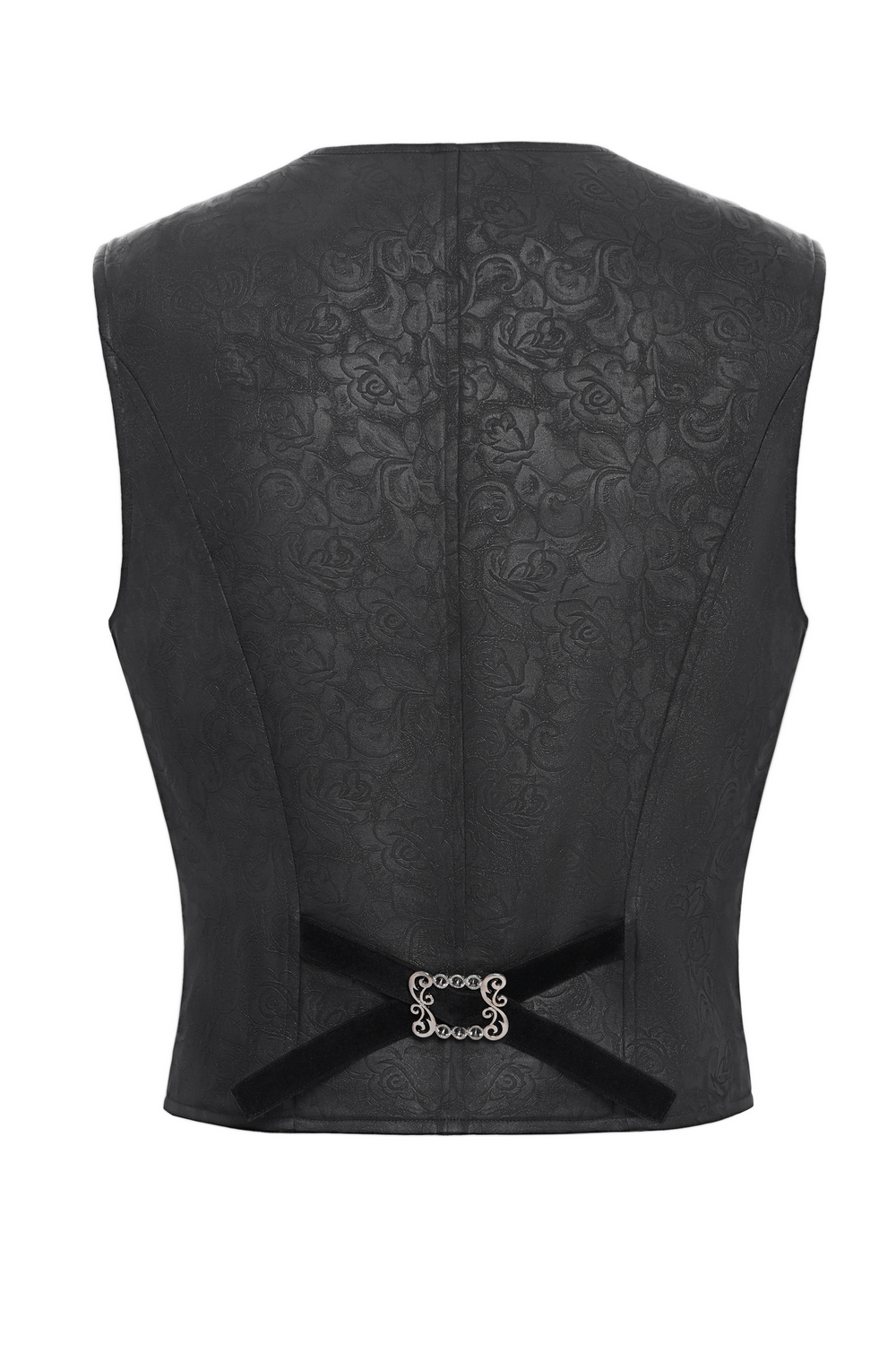 Elegant black gothic waistcoat featuring floral detailing, velvet straps, and a striking cross design on the back.