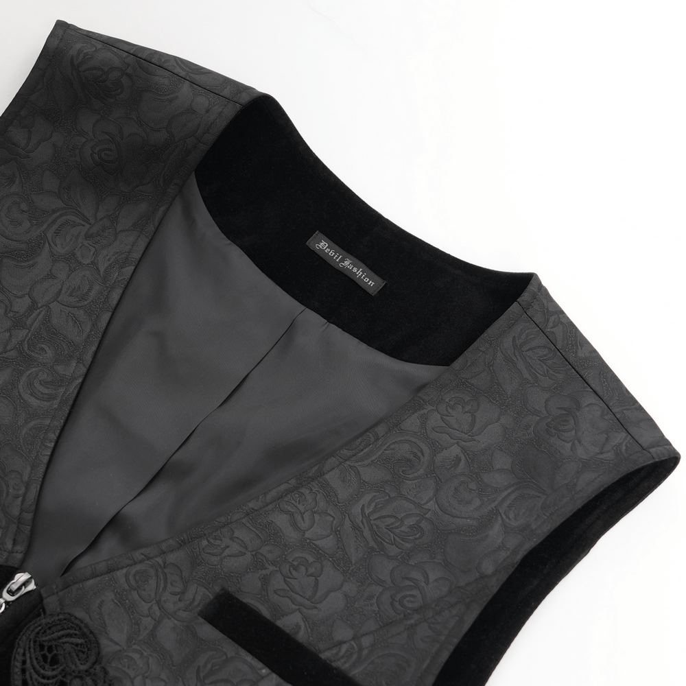 Elegant black gothic waistcoat featuring floral pattern and velvet straps, perfect for adding dark elegance to any outfit.