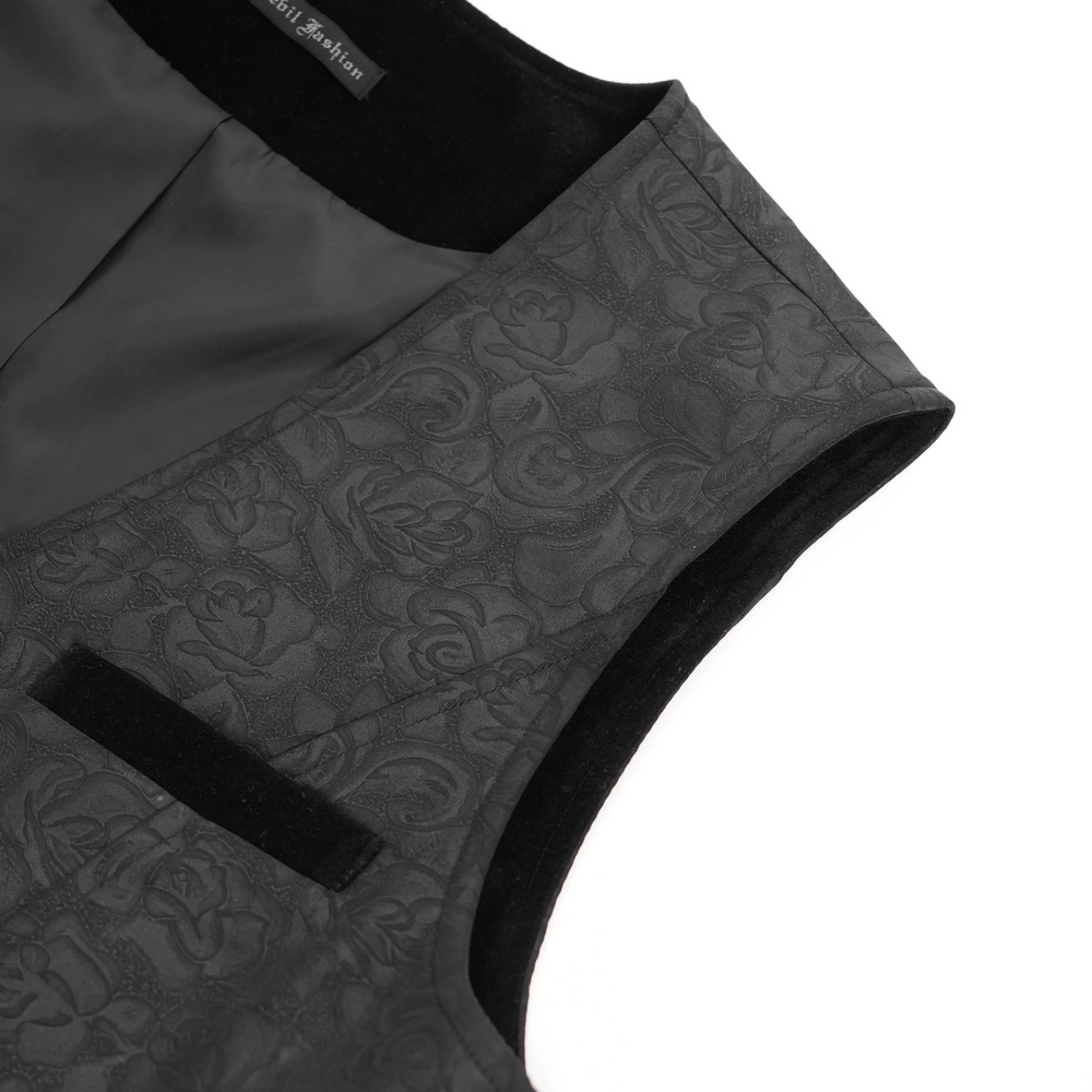Close-up of gothic floral waistcoat featuring velvet straps and intricate rose detailing.