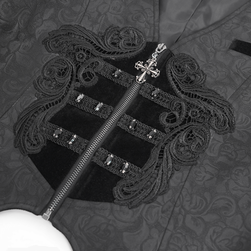 Gothic floral waistcoat with velvet straps and cross design, showcasing intricate detailing and a structured fit.