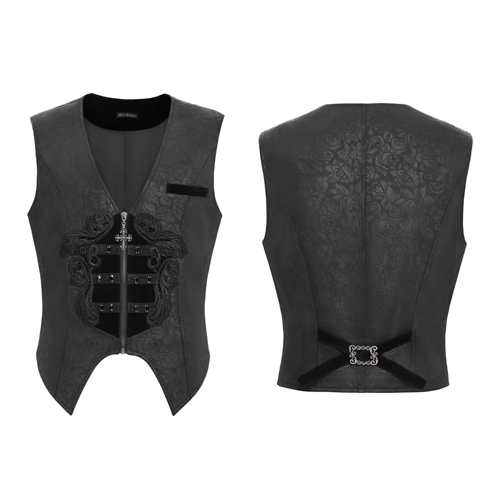 Gothic floral waistcoat with velvet straps and cross design, showcasing dark elegance and Victorian influences.