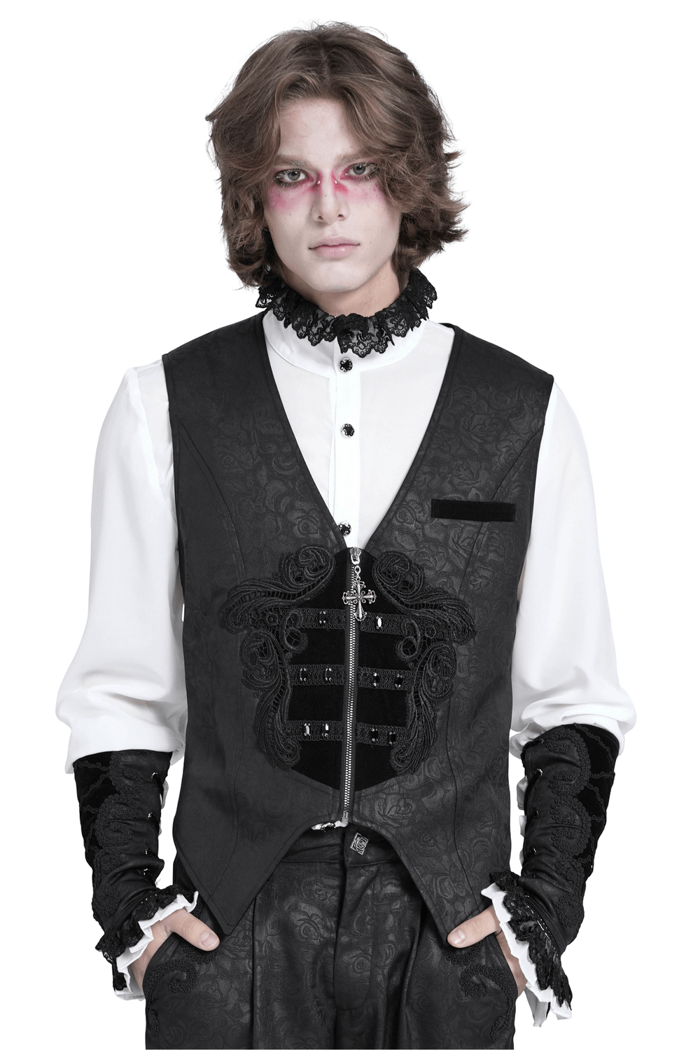Gothic floral waistcoat with velvet straps and cross detail, styled with an elegant black shirt and ruffled collar.